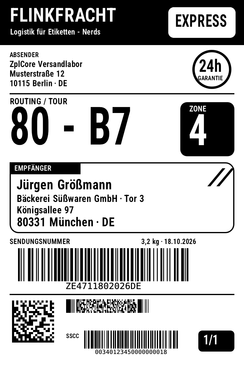 4×6-Zoll-Versandetikett mit invertiertem Kopf, Routing-Code, Code 128, Data Matrix, PDF417 und SSCC, gerendert mit ZplCore